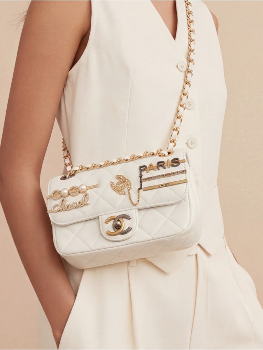 CHANEL White Quilted Crossbody Bag with Gold Hardware and Paris Accents